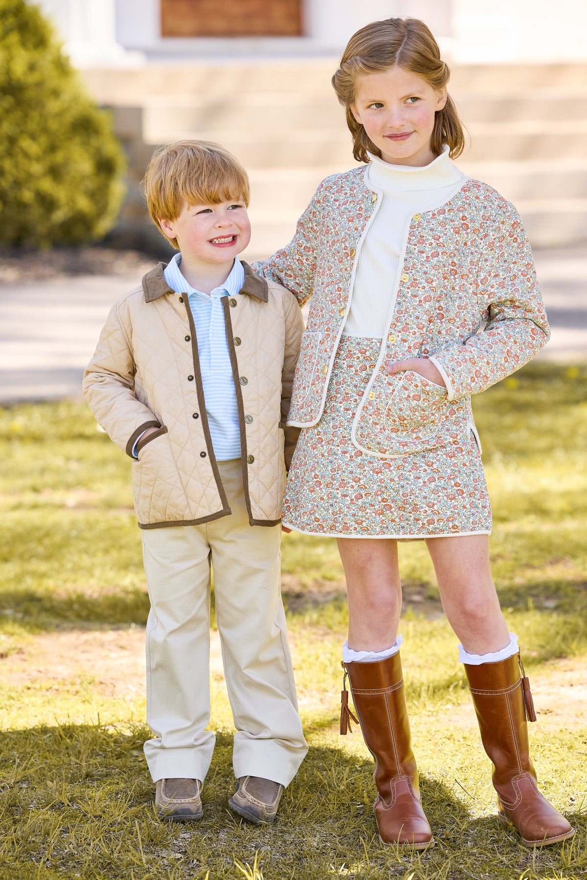 little english classic children's clothing, quilted jacket in khaki, long sleeve polo in sky blue tripe, pull on pant in pebble twill for boys, solid ribbed turtleneck in ivory, sophie jacket and skirt in james floral for girls, coordinating fall outfits
