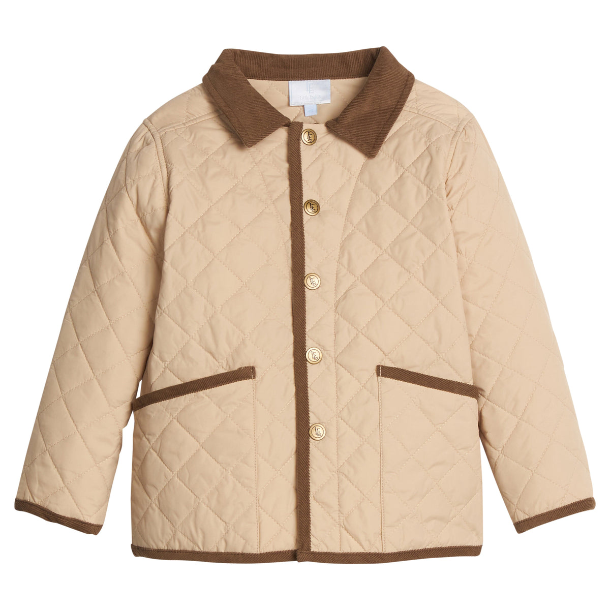 little english classic children's clothing, unisex button snap quilted jacket in light tan with dark brown corduroy details