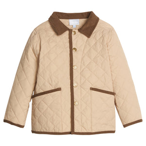little english classic children's clothing, unisex button snap quilted jacket in light tan with dark brown corduroy details