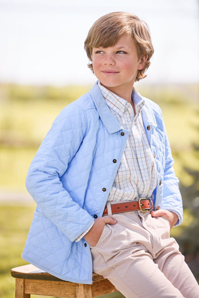 little english classic childrens clothing, quilted jacket in light blue, button down shirt in light blue and brown winthrop plaid, classic pant in stone corduroy, outfit for fall