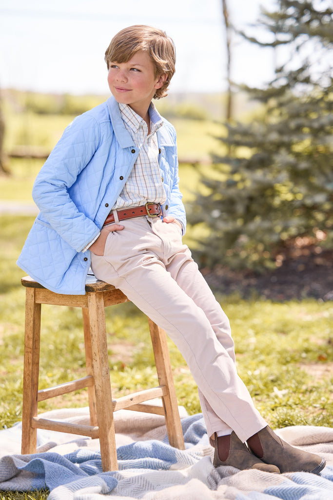 little english classic childrens clothing, quilted jacket in light blue, button down shirt in light blue and brown winthrop plaid, classic pant in stone corduroy, outfit for fall