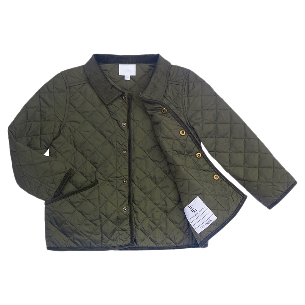Little English classic childrens clothing, unisex button snap quilted jacket in olive green with corduroy details