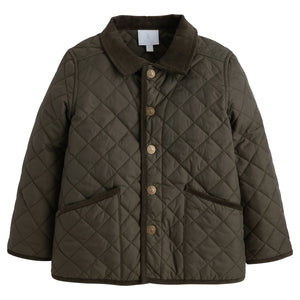 Little English classic childrens clothing, unisex button snap quilted jacket in olive green with corduroy details