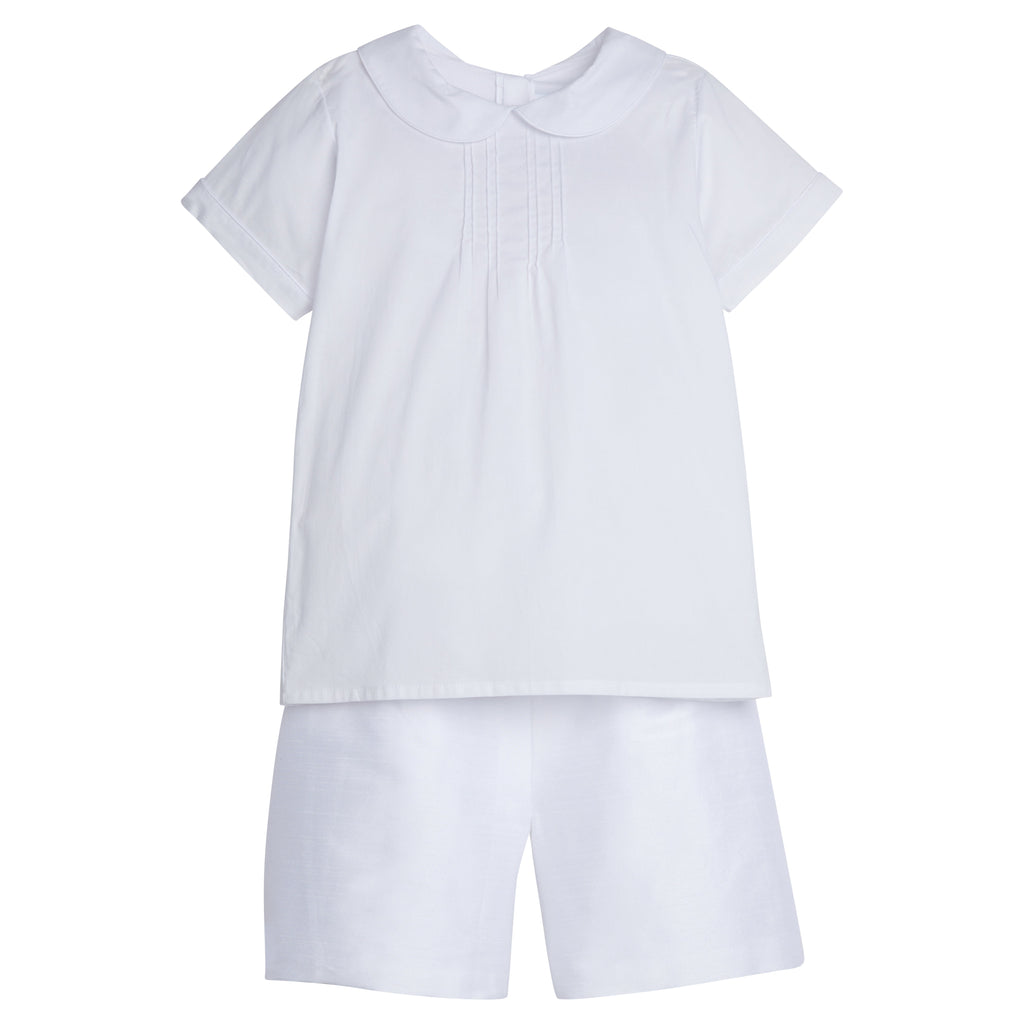 Little English traditional children's clothing. Classic and timeless wedding short set for little boys in all white. Formal peter pan collar top and matching short set for special occasions