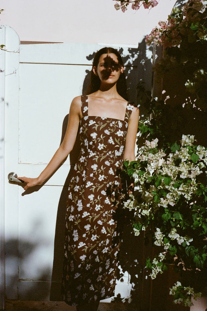 Long Slip Dress in Brown Hibiscus