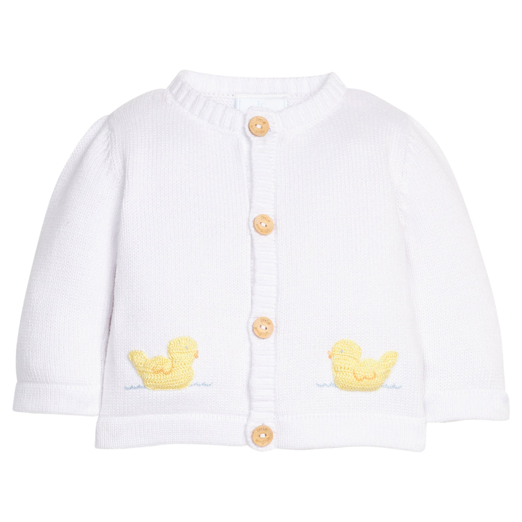 Little English traditional children's clothing  Classic white unisex crochet sweater with yellow ducks for baby.
