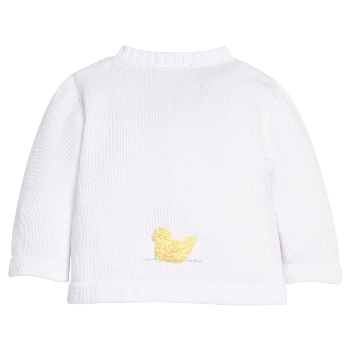 Little English traditional children's clothing  Classic white unisex crochet sweater with yellow ducks for baby.