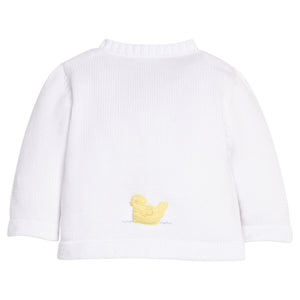 Little English traditional children's clothing  Classic white unisex crochet sweater with yellow ducks for baby.