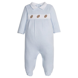 little english classic children's clothing light blue and white striped footie for baby boys with football motif for fall