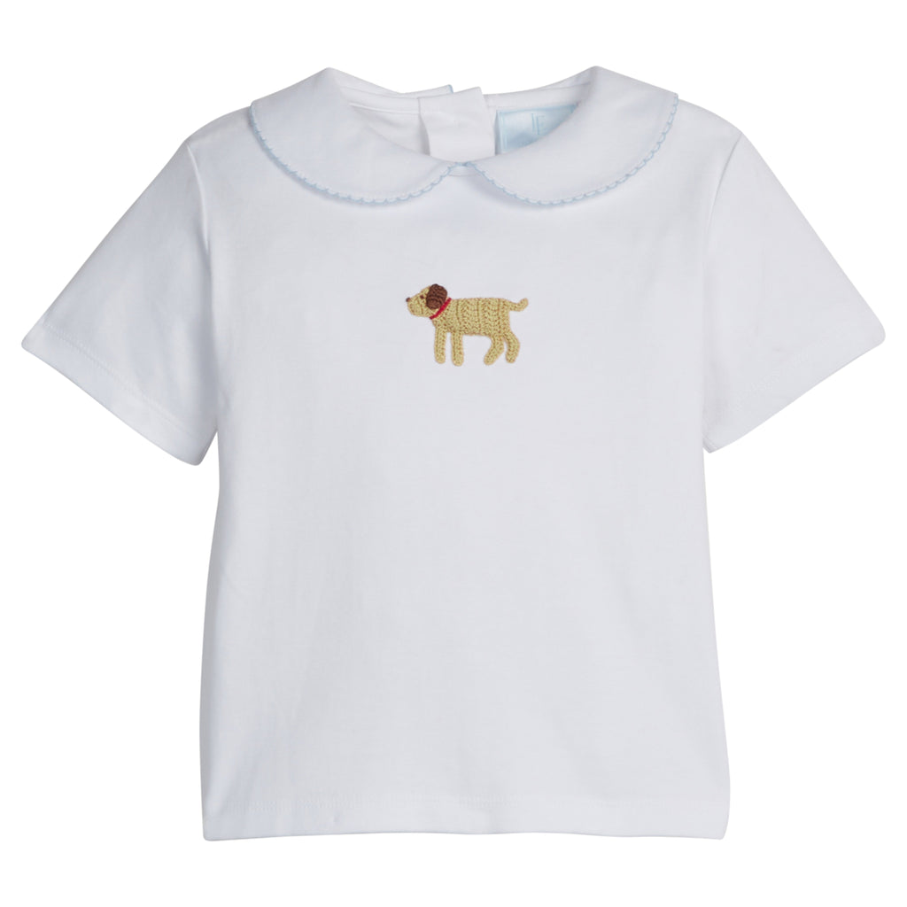 Little English traditional children's clothing. Toddler boy's white knit peter pan shirt with dog crochet for Spring. Gift clothing for toddler boy