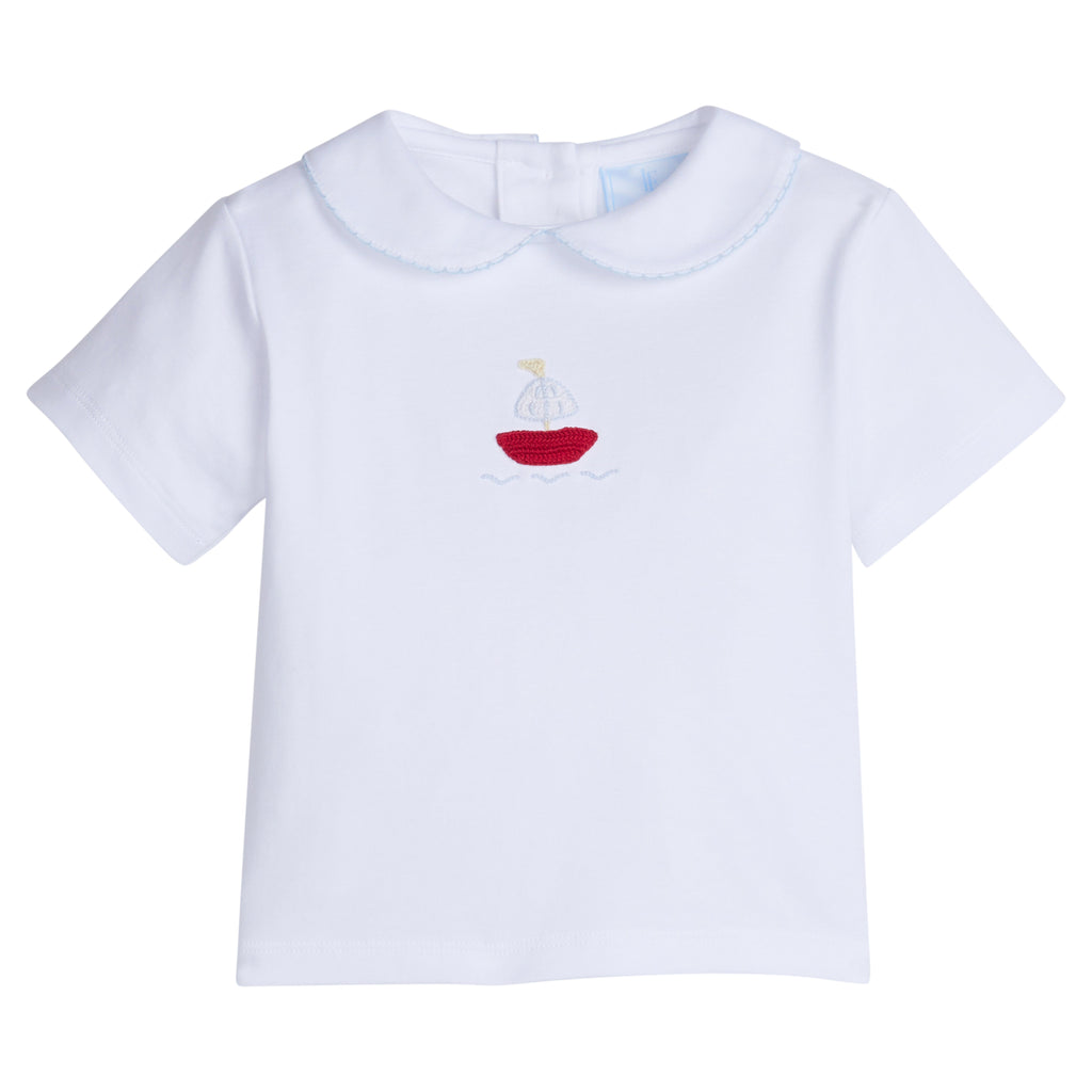Little English traditional children's clothing. Toddler boy's white knit peter pan shirt with sailboat crochet for Spring. Gift clothing for toddler boy