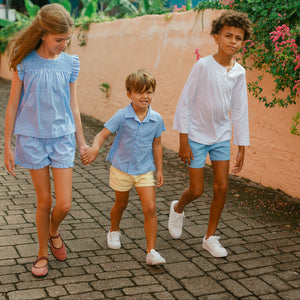 Girls Sky Blue Gingham Smocked Top And Short Set