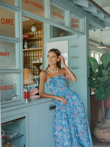 OTM Exclusive: Skinny-Strap Poof Dress in Blue Multi Floral