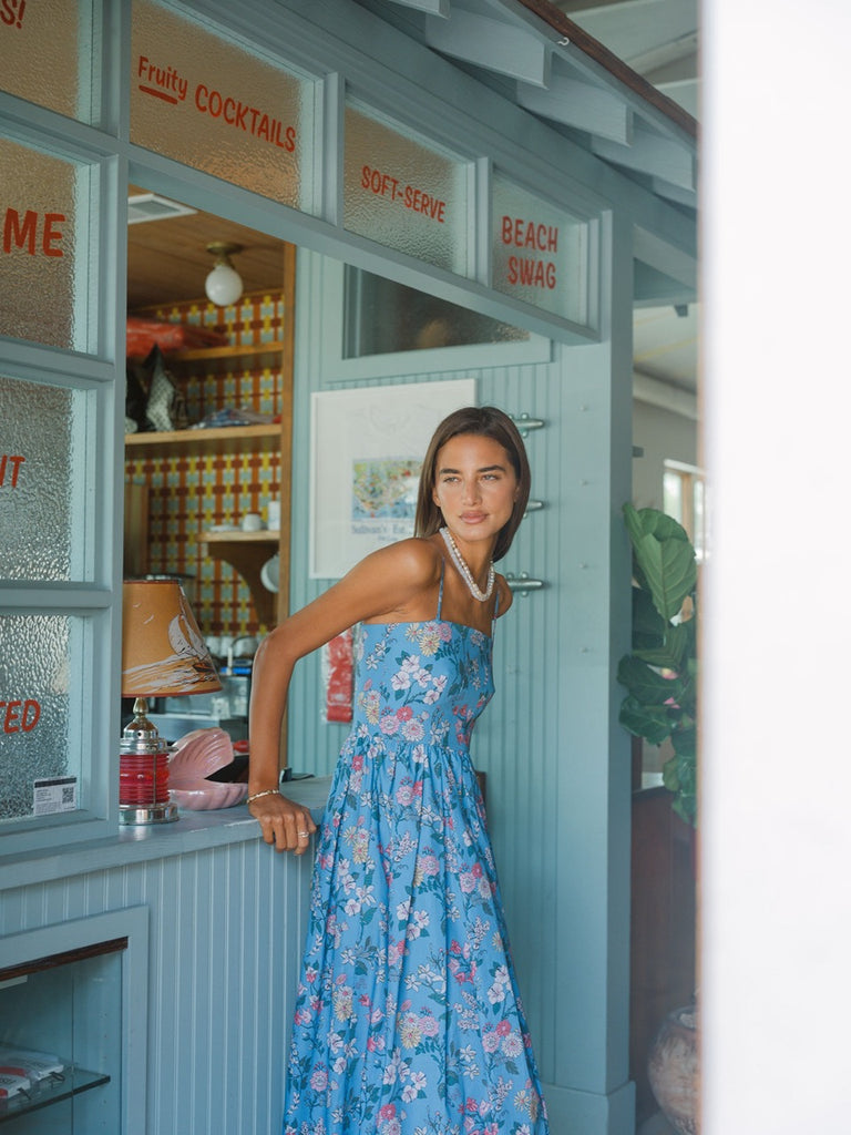 OTM Exclusive: Skinny-Strap Poof Dress in Blue Multi Floral