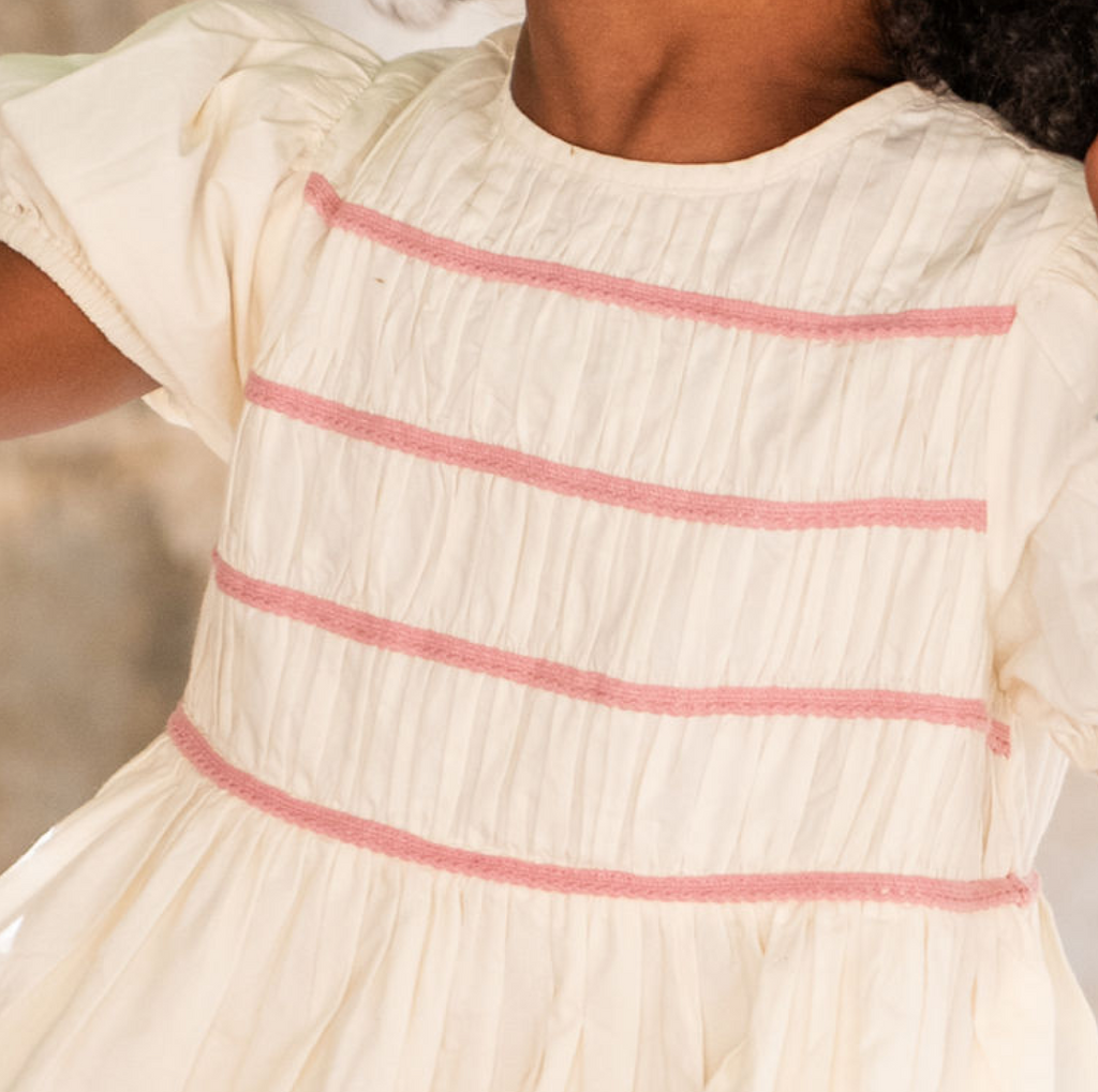 Girls Cream Smocked Puff Sleeve Dress