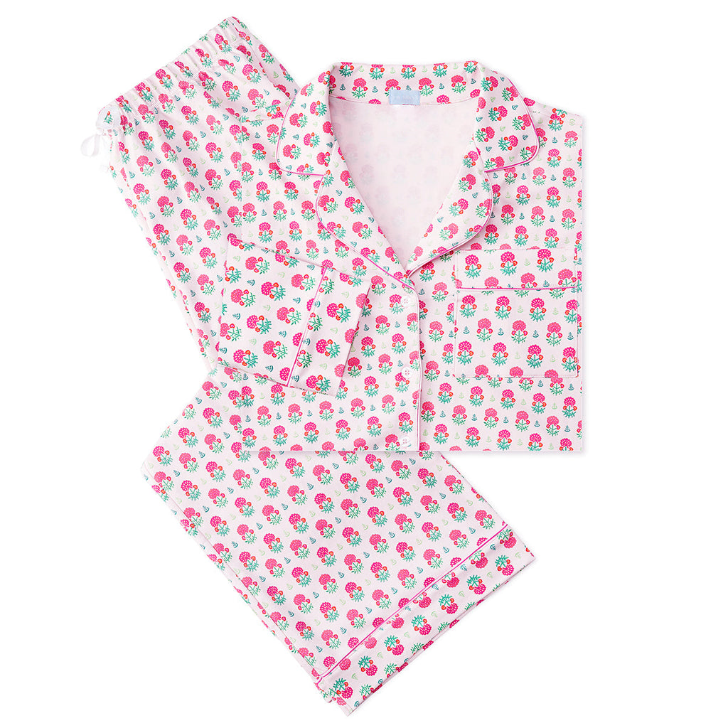Women's Geranium Block Button Front Long Pajama Set in Pink