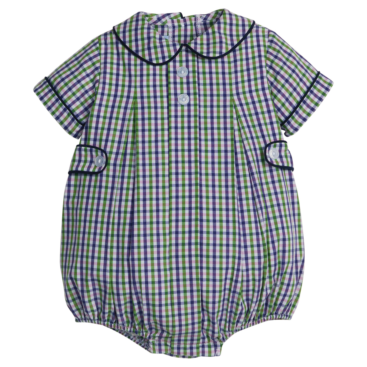 little english classic children's clothing; green, purple, and white plaid bubble for boys with peter pan collar, navy corduroy trim, and button tabs for fall