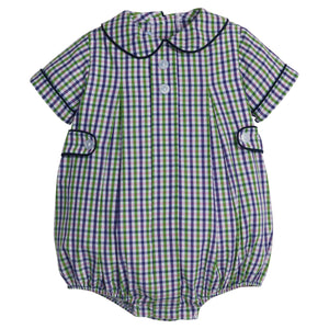 little english classic children's clothing; green, purple, and white plaid bubble for boys with peter pan collar, navy corduroy trim, and button tabs for fall