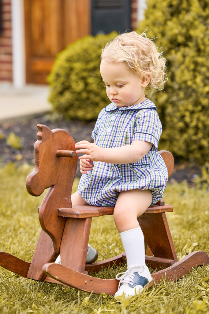 little english classic children's clothing; green, purple, and white plaid bubble for boys with peter pan collar, navy corduroy trim, and button tabs for fall