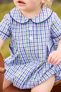 little english classic children's clothing; green, purple, and white plaid bubble for boys with peter pan collar, navy corduroy trim, and button tabs for fall