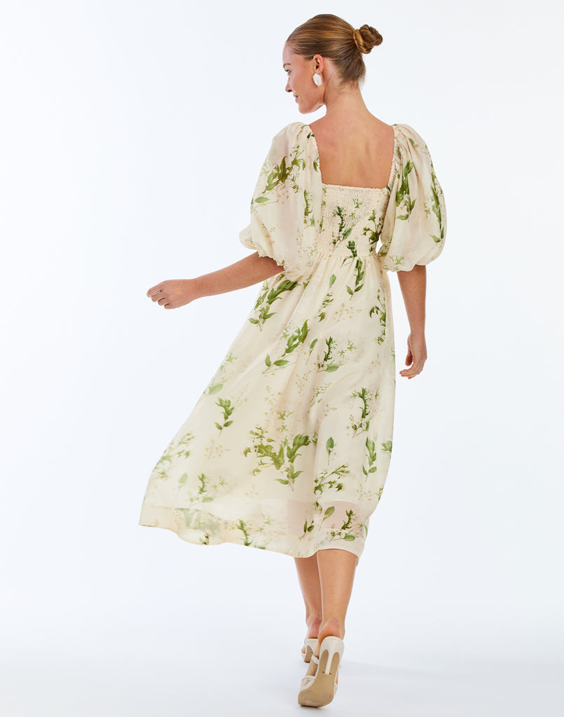 Delphine Midi Dress in Ivory & Green