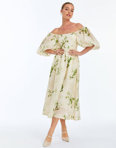 Delphine Midi Dress in Ivory & Green