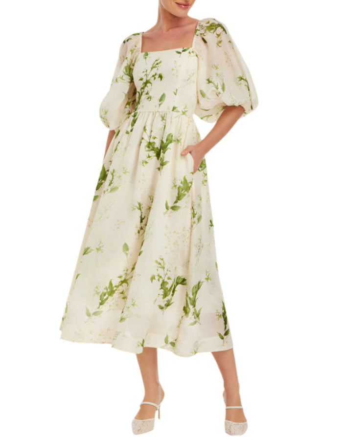 Delphine Midi Dress in Ivory & Green