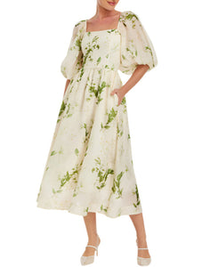 Delphine Midi Dress in Ivory & Green