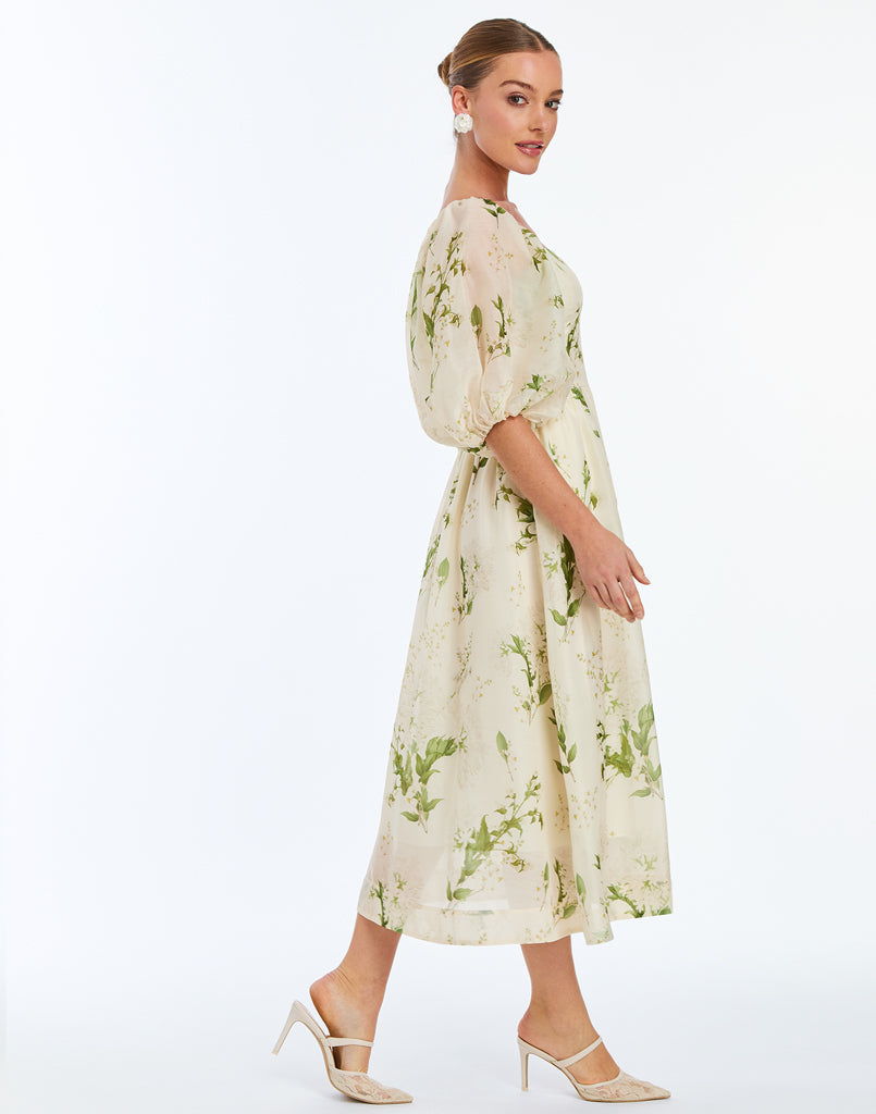 Delphine Midi Dress in Ivory & Green