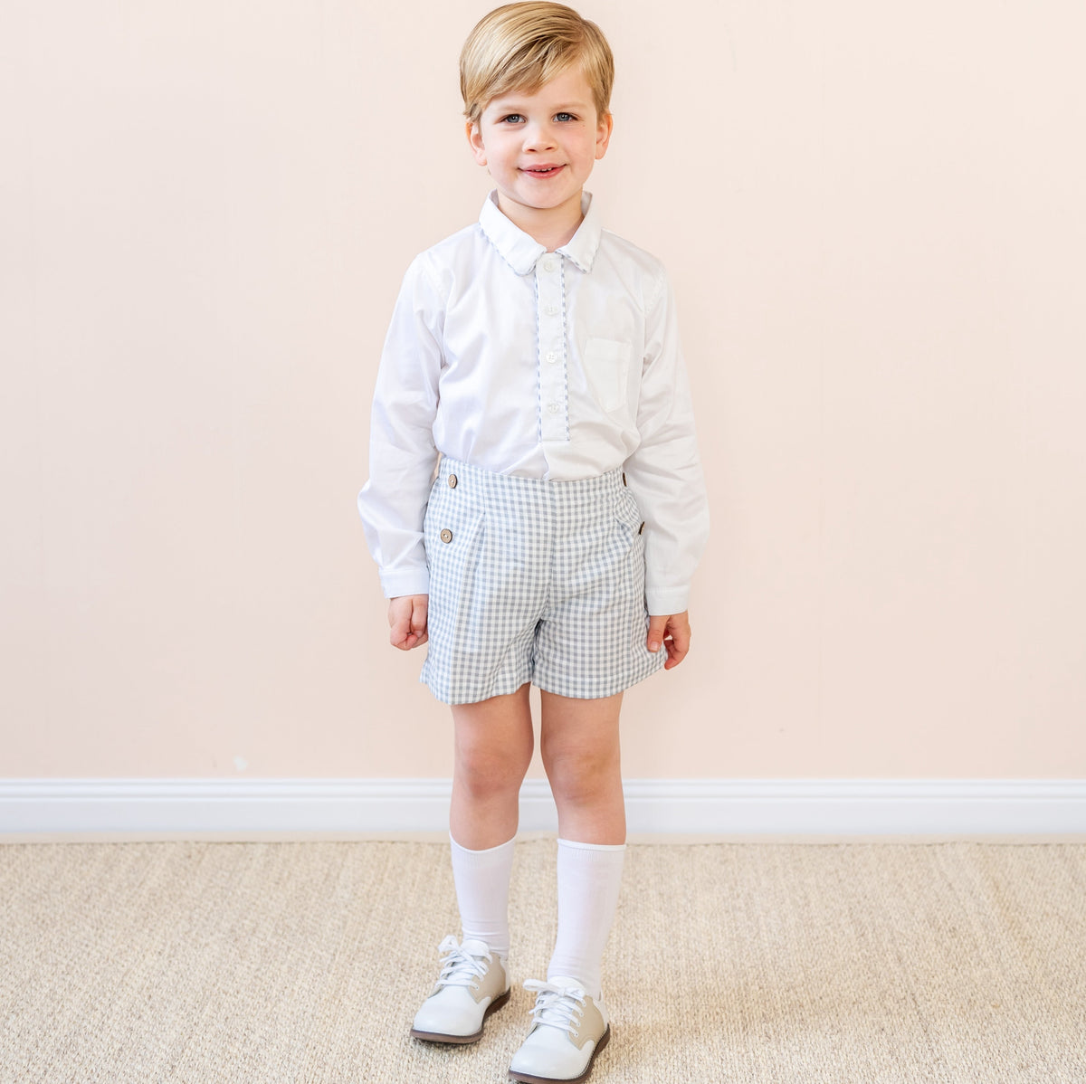 Hayden Long Sleeve Boy Set in Grey Gingham