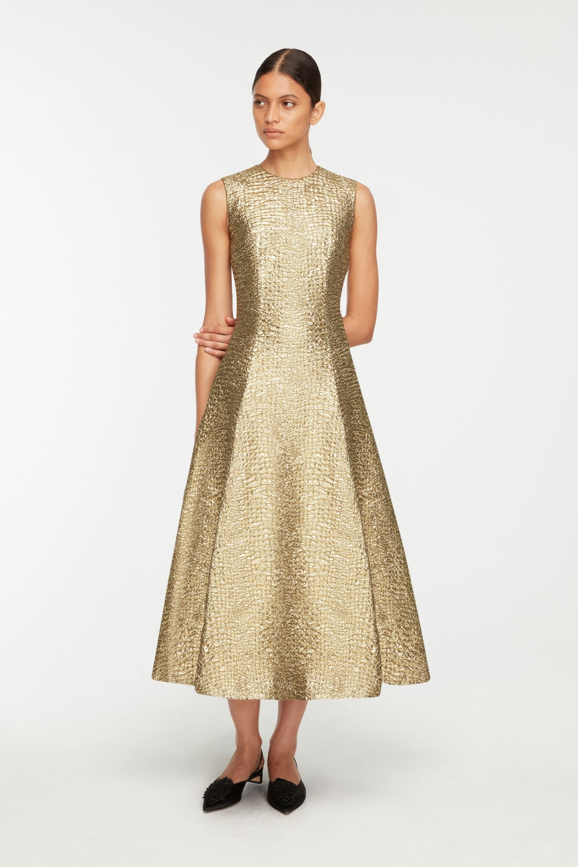 Mara Dress in Gold Metallic Seersucker