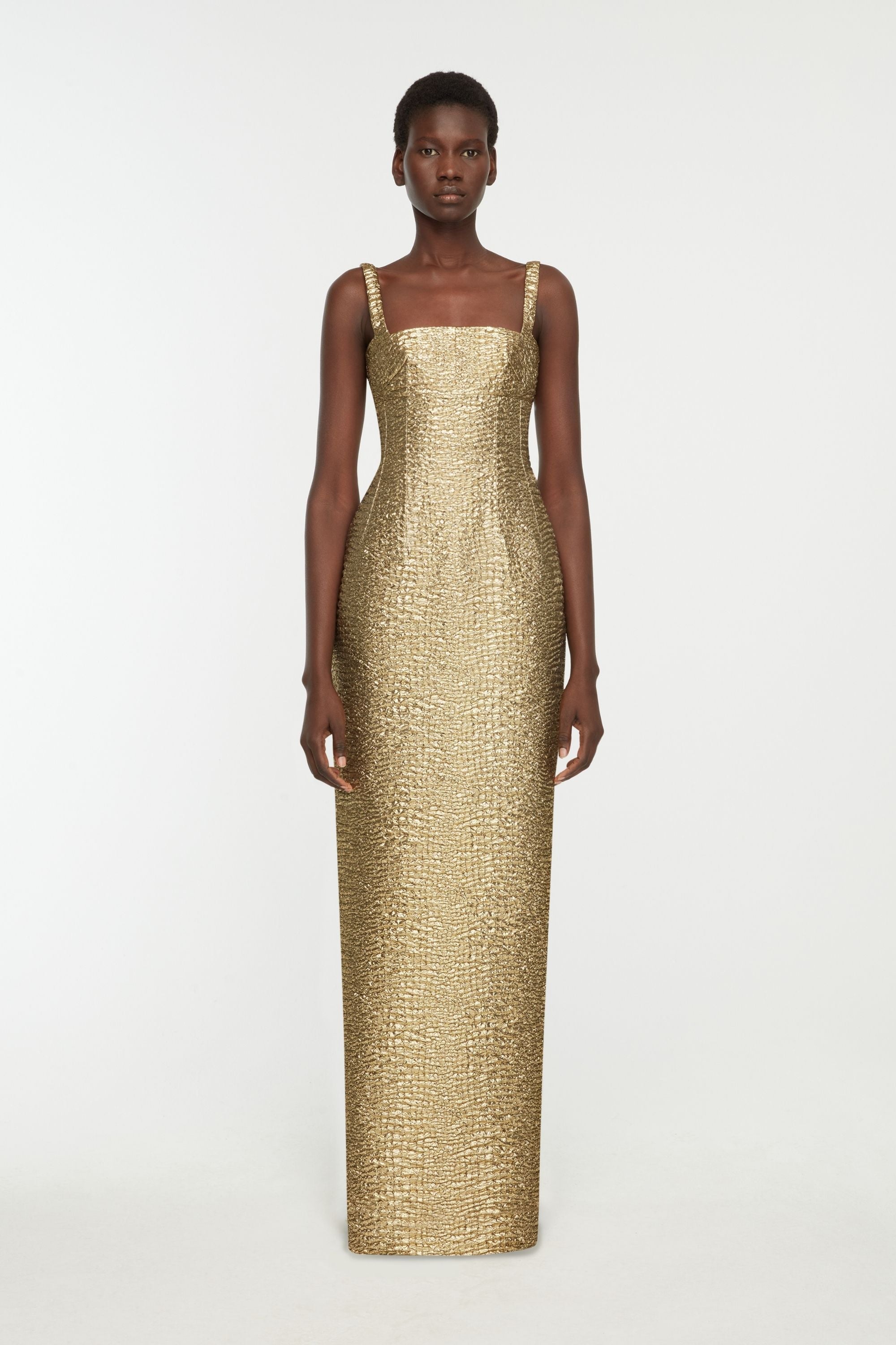 Micheline Dress in Gold Metallic Seersucker
