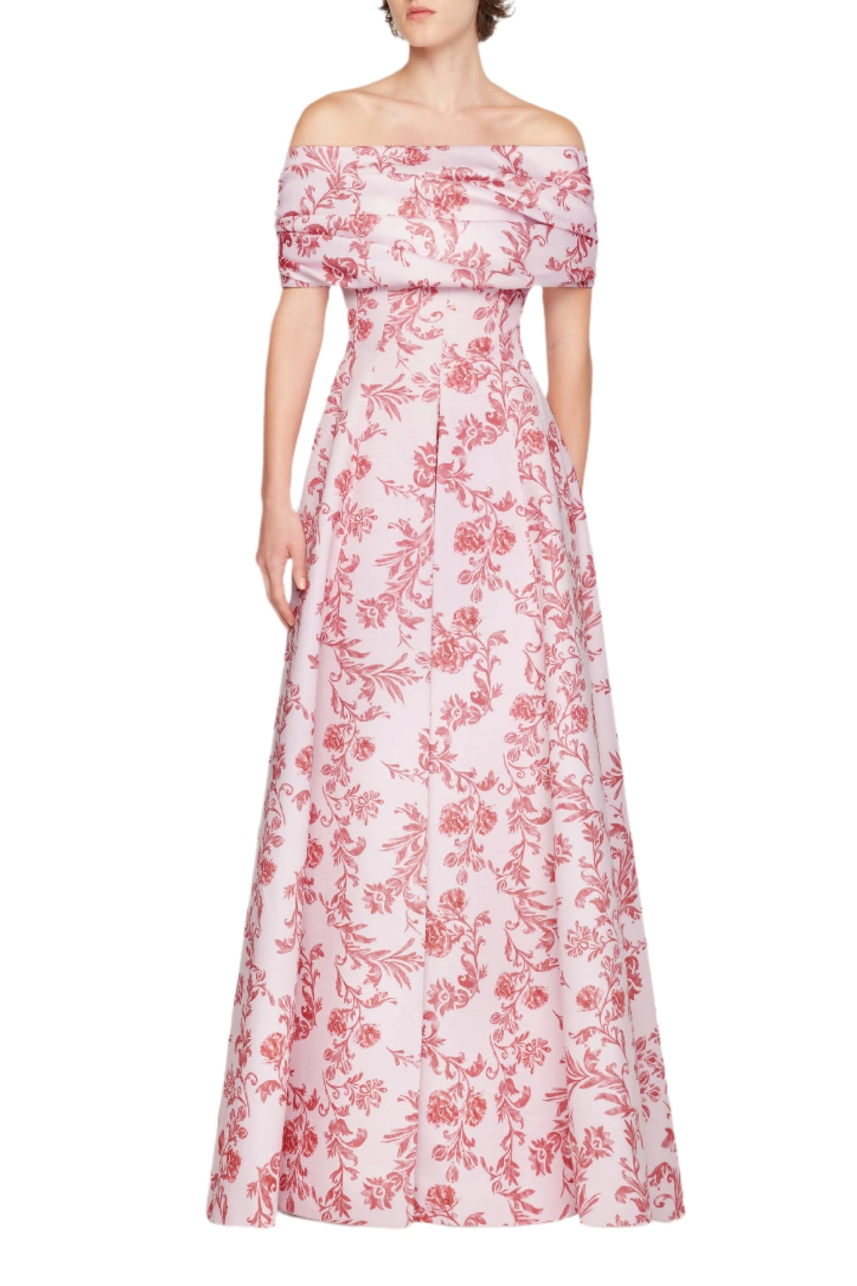 Auclair Dress In Pink Floral Damask Taffeta Faille model full length shot | Emilia Wickstead