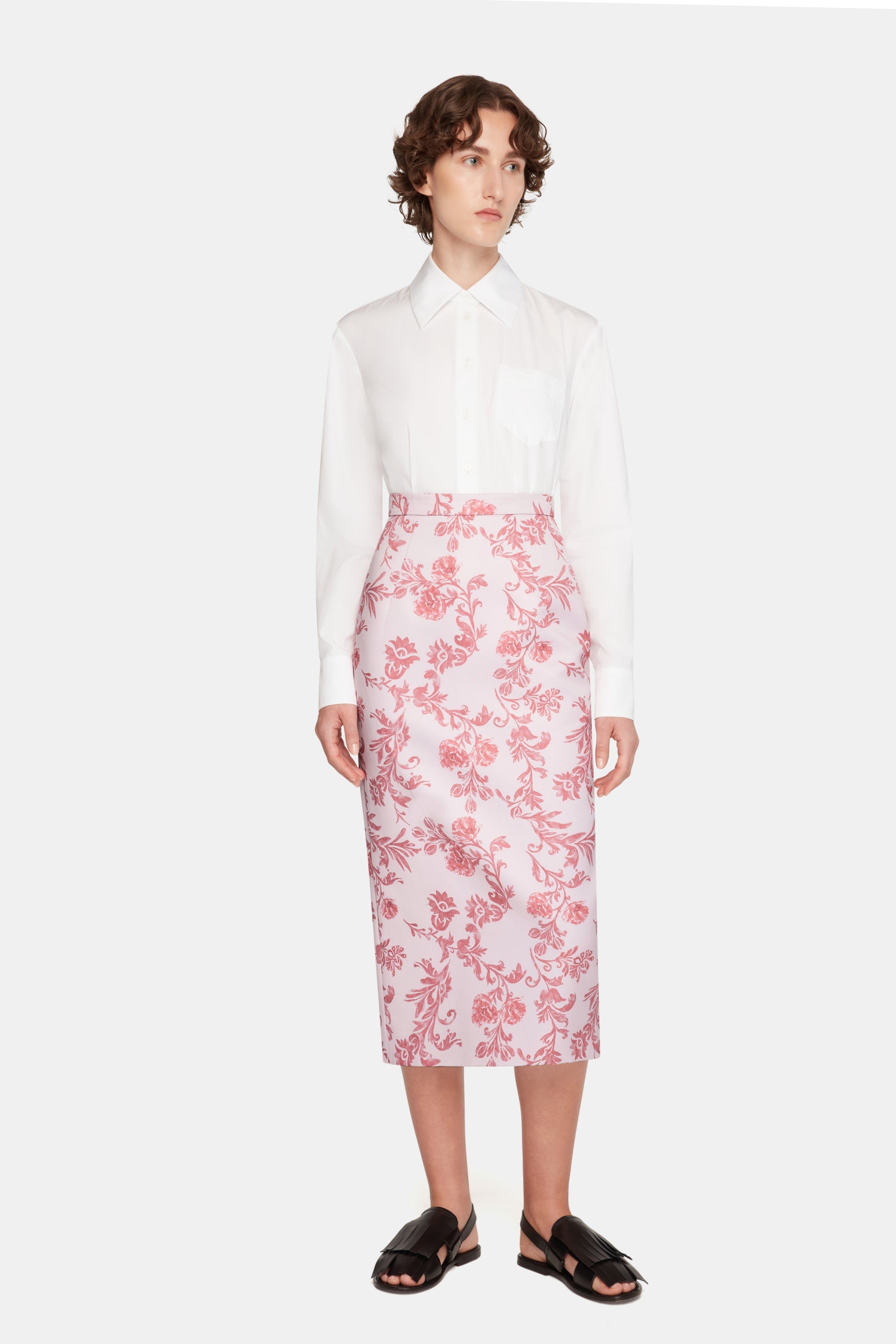 Lorelei Skirt In Pink Floral Damask Taffeta Faille model front shot  | Emilia Wickstead