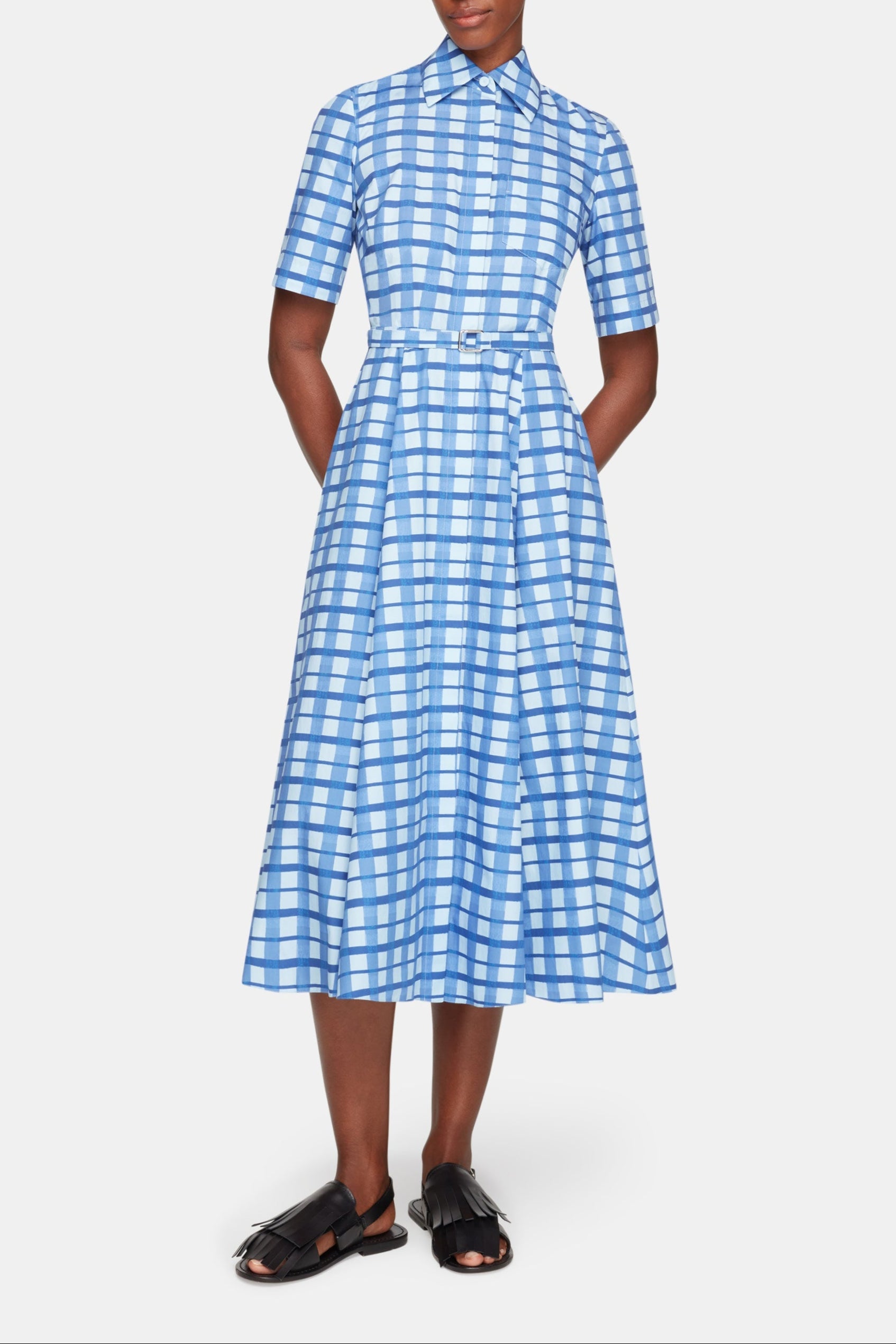 Rubie Dress In Blue Painted Gingham Cotton Poplin