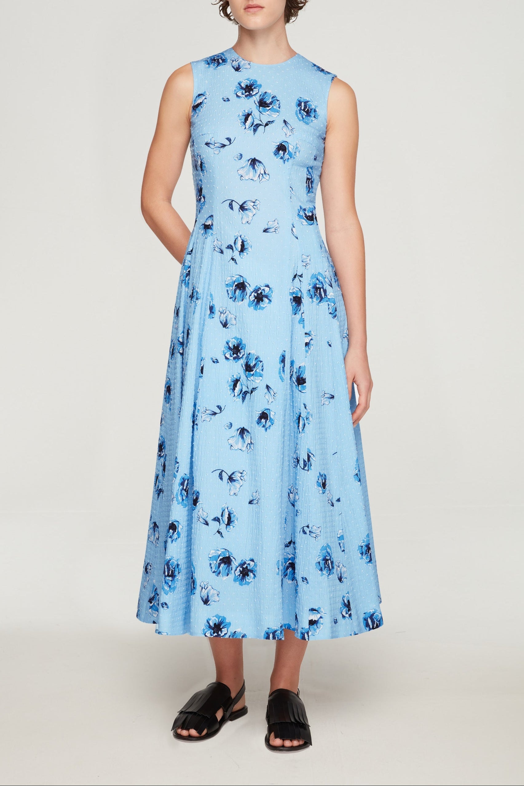 Chelsea Dress In Blue Poppies On Baby Blue Bibione Cotton