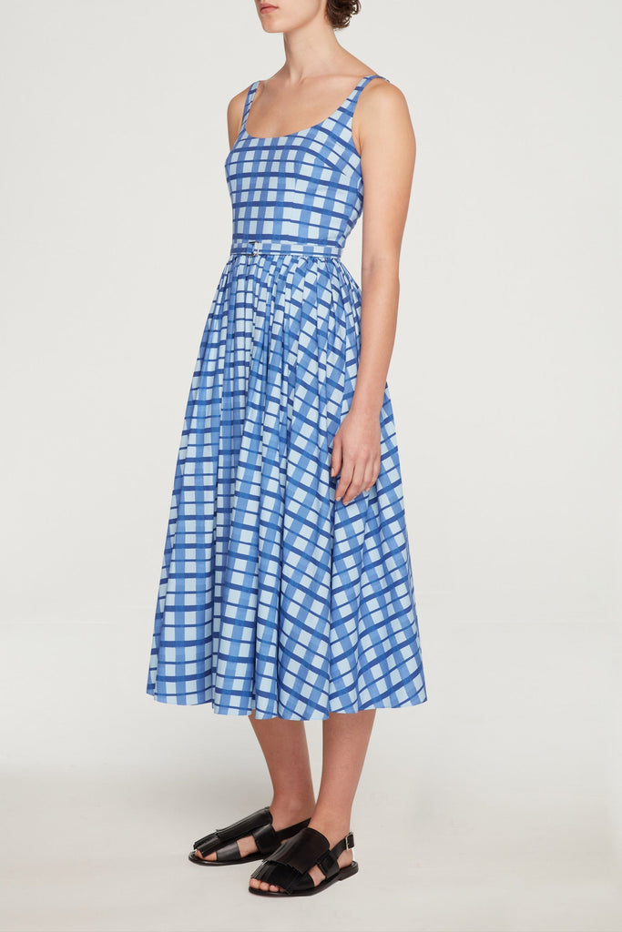 Eglantine Dress In Blue Painted Gingham Cotton Poplin