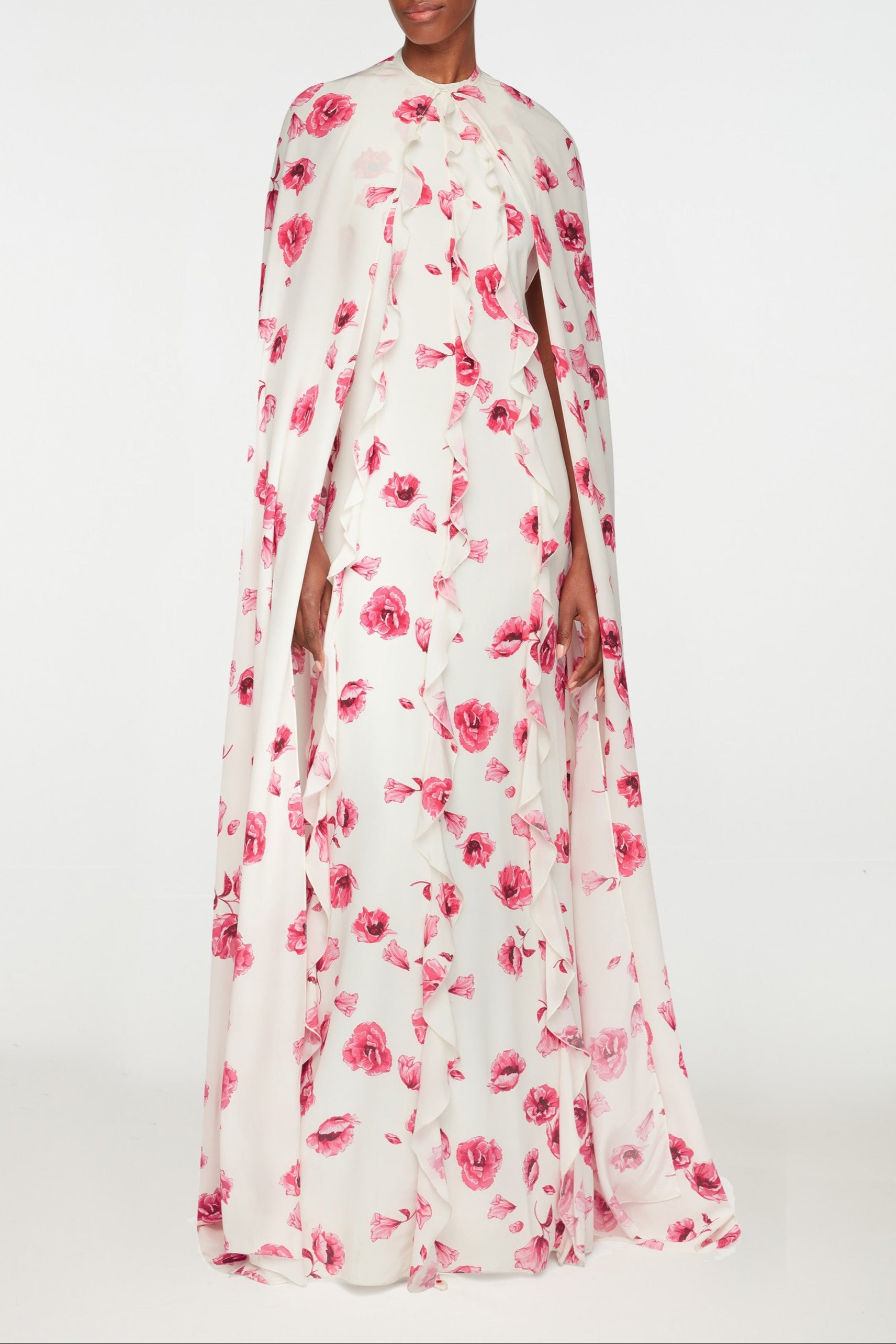Clarette Cape In Pink Poppies Silk Crepe De Chine