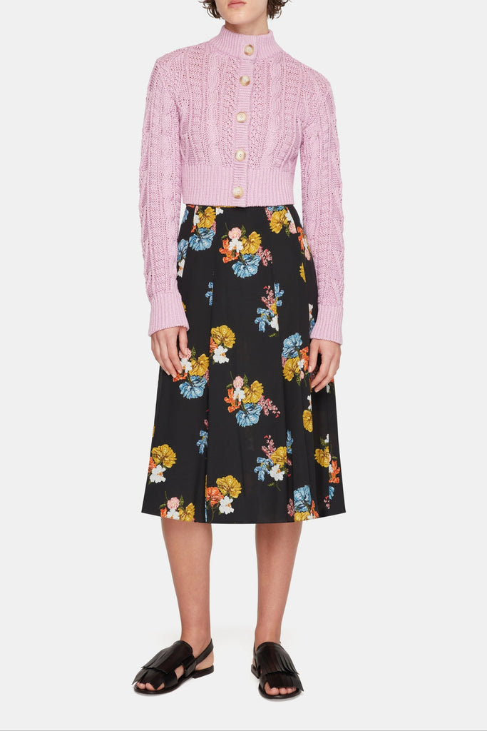 Kenzie Skirt In Retro Bouquet On Black Silk Crepe De Chine