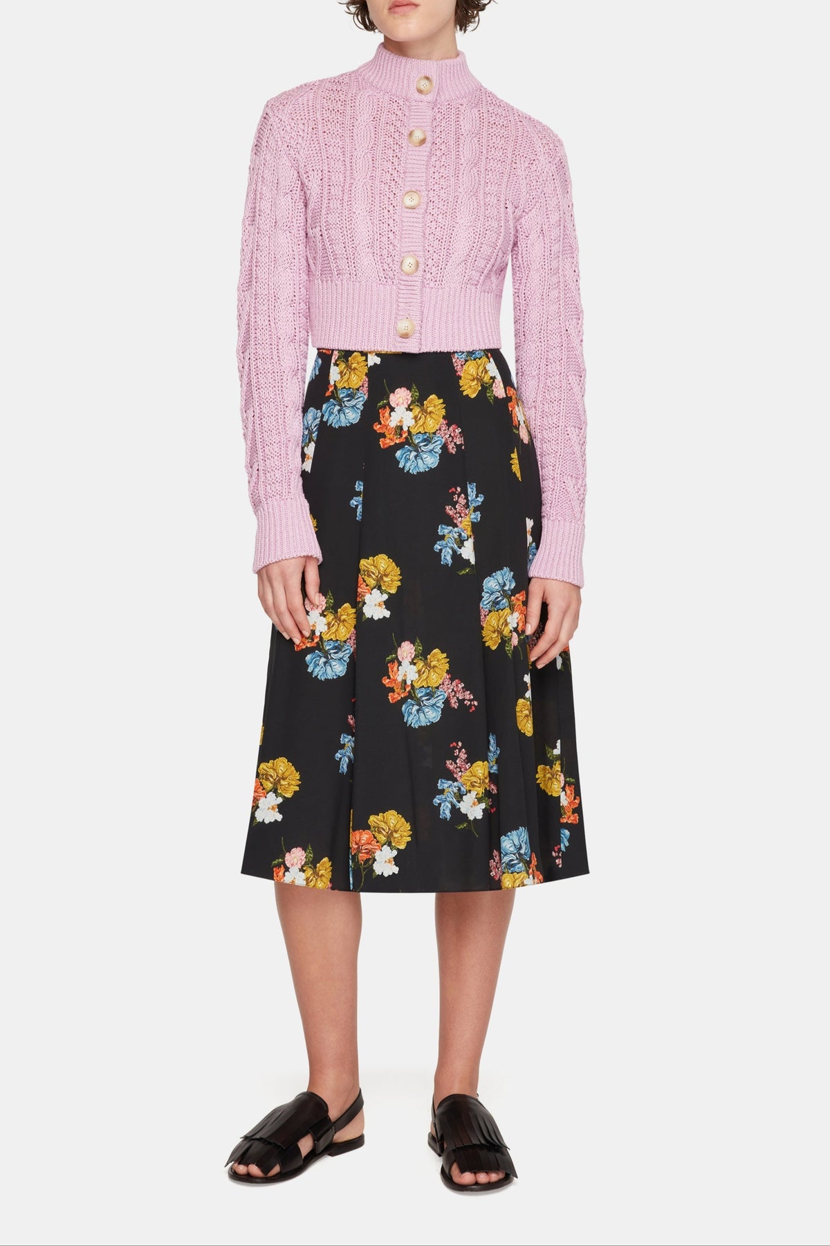 Kenzie Skirt In Retro Bouquet On Black Silk Crepe De Chine