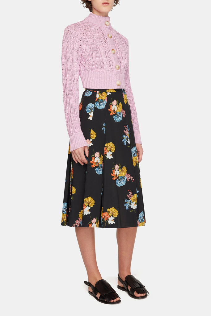 Kenzie Skirt In Retro Bouquet On Black Silk Crepe De Chine