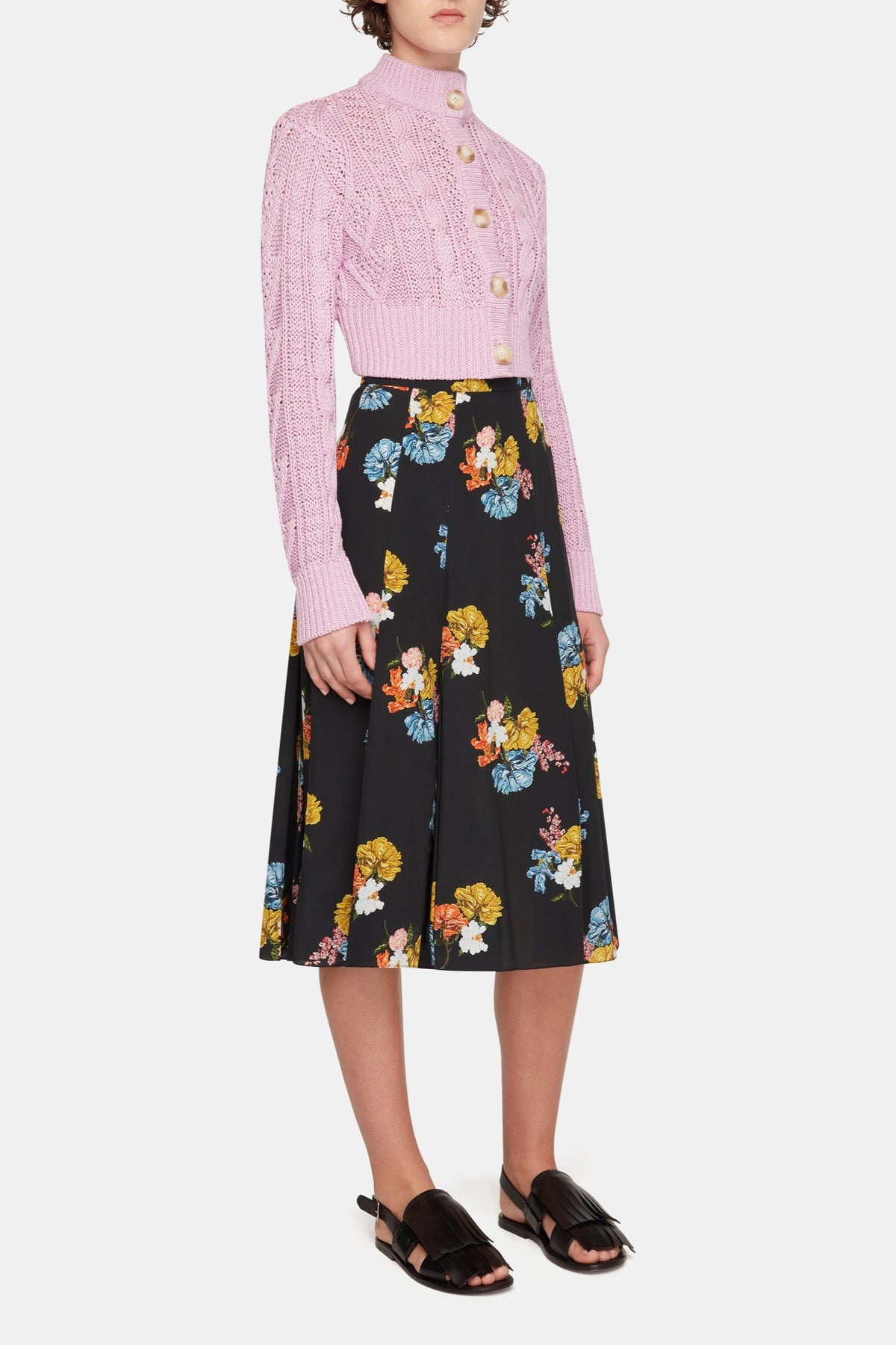 Kenzie Skirt In Retro Bouquet On Black Silk Crepe De Chine