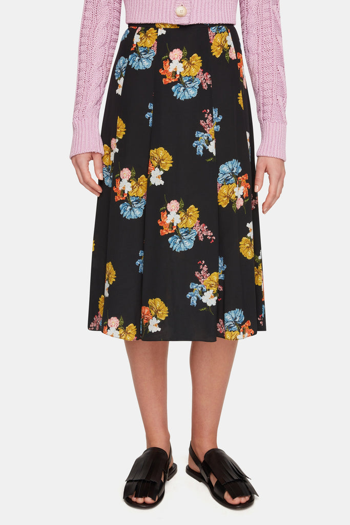 Kenzie Skirt In Retro Bouquet On Black Silk Crepe De Chine