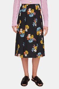Kenzie Skirt In Retro Bouquet On Black Silk Crepe De Chine