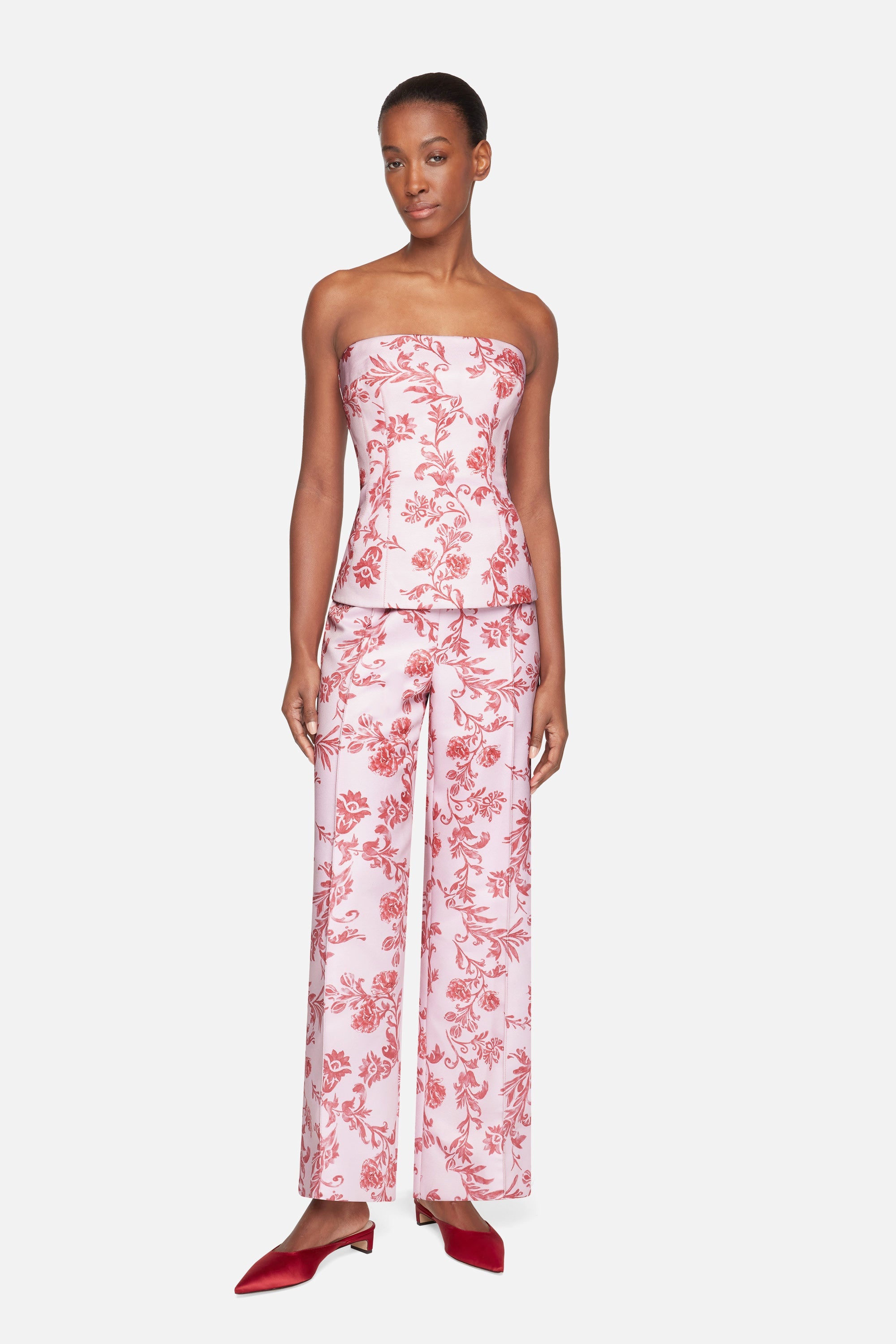 Daffy Trousers In Pink Floral Damask Taffeta Faille model full length | Emilia Wickstead