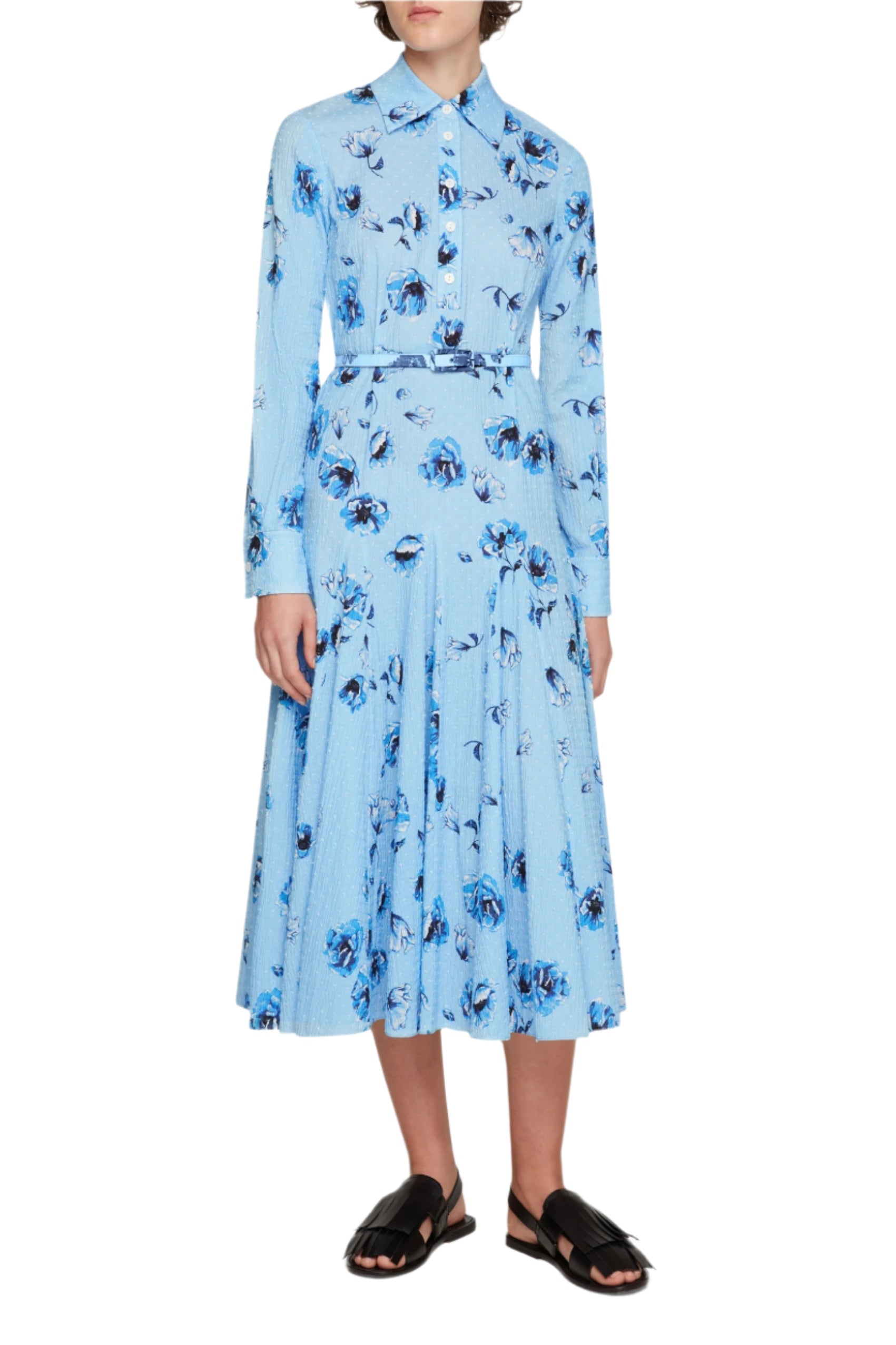 Marion Dress In Blue Poppies On Baby Pink Bibione Cotton