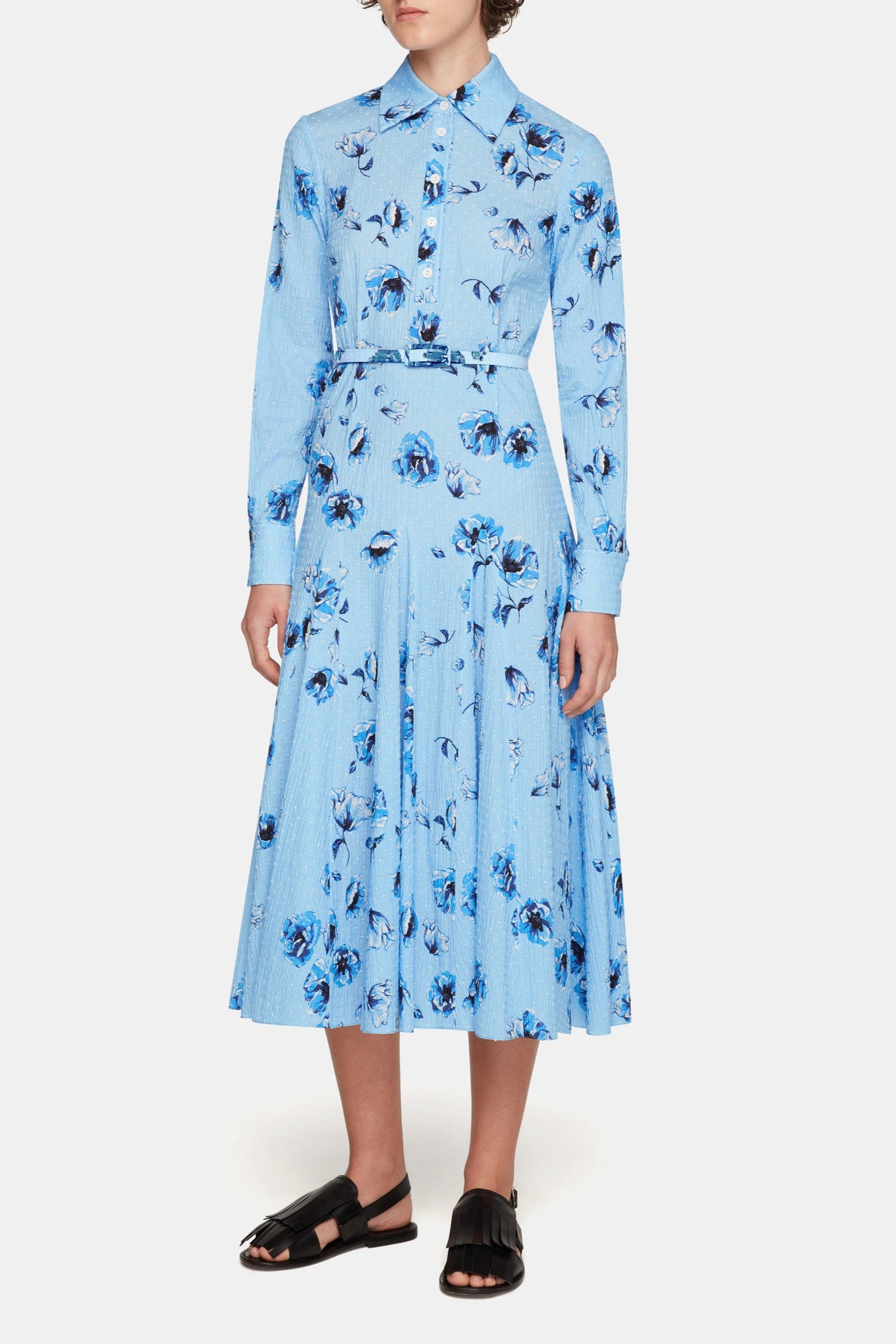 Marion Dress In Blue Poppies On Baby Pink Bibione Cotton