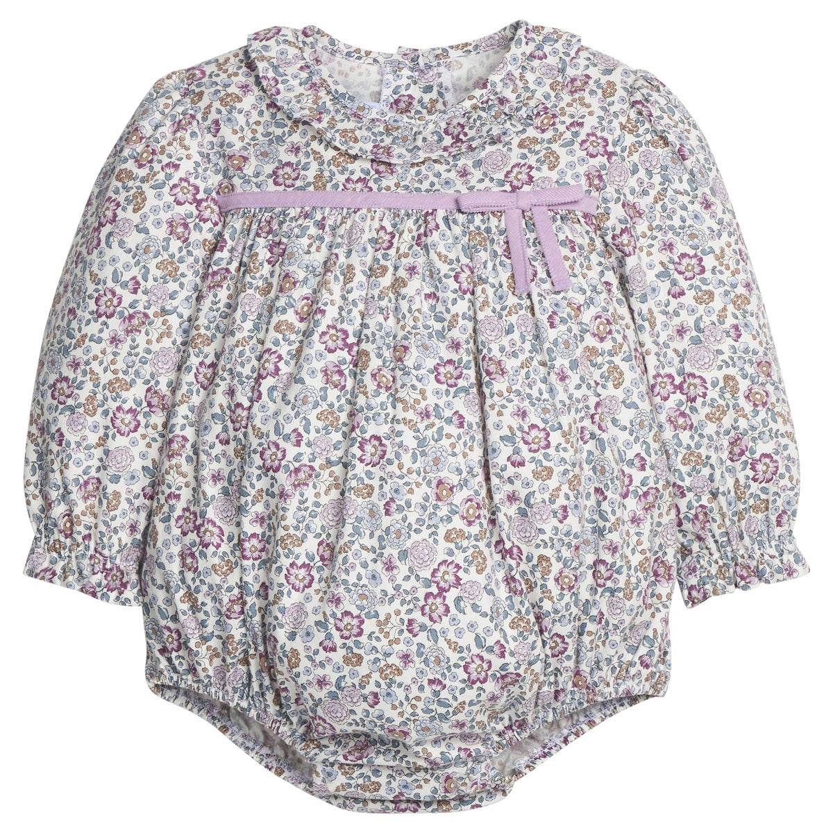 little english classic children's clothing girls lavender floral bubble with light purple velvet bow and ruffle collar for fall