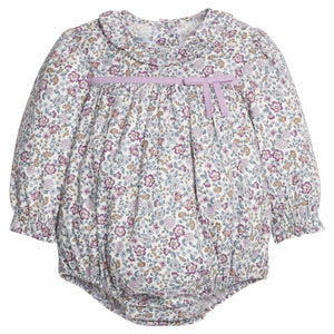 little english classic children's clothing girls lavender floral bubble with light purple velvet bow and ruffle collar for fall