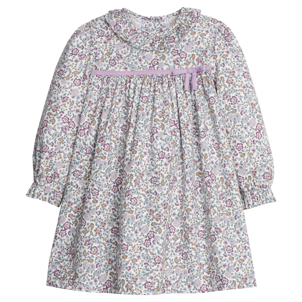 little english classic children's clothes girls lavender floral long sleeve dress with light purple velvet bow and ruffle collar for fall